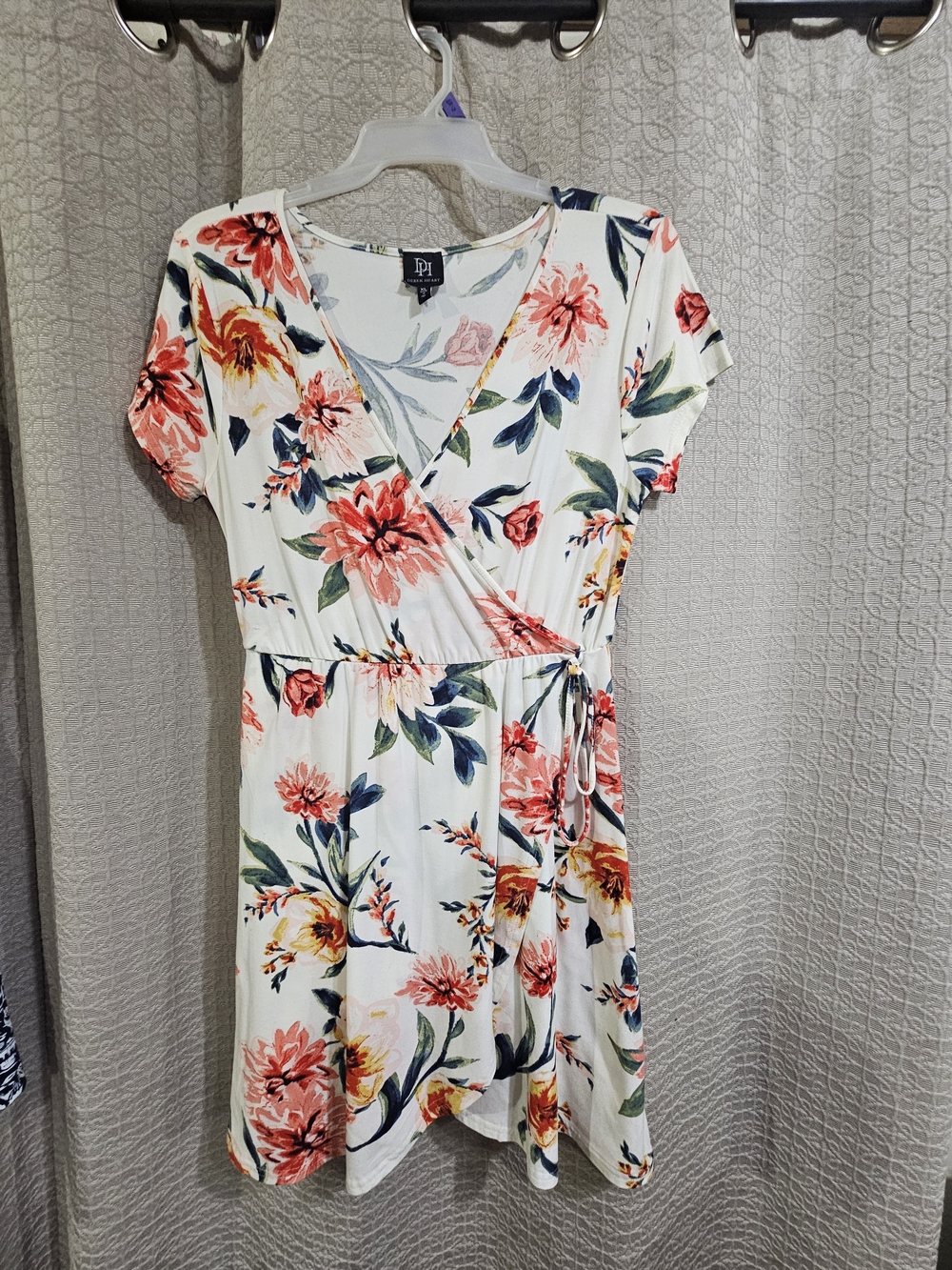 Derek Heart White Floral Mini Wrap Dress with Coral & Navy Accents
